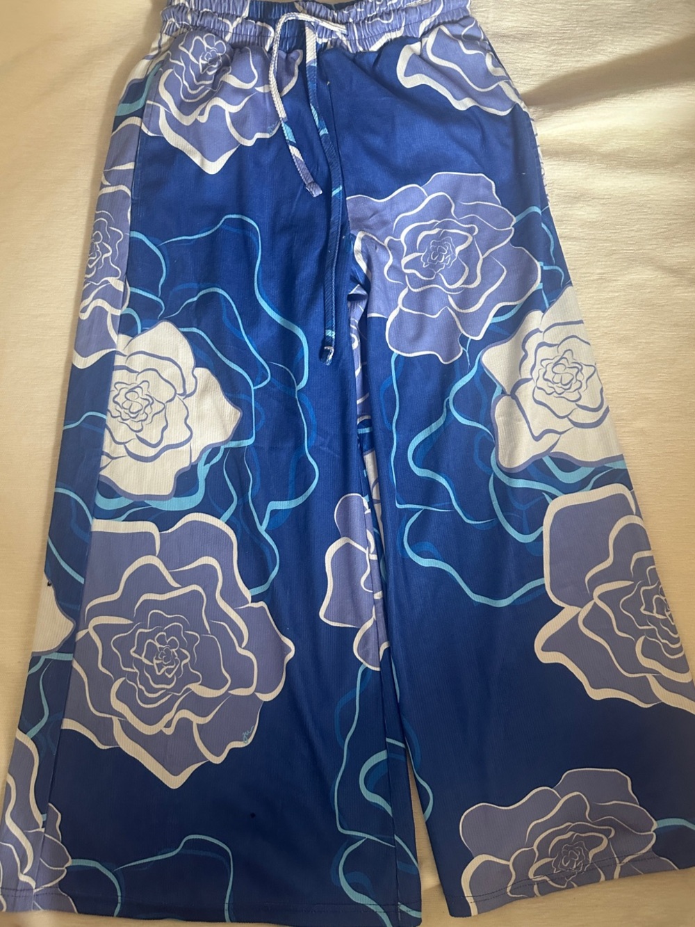 Blue Floral Wide-Leg Drawstring Pants